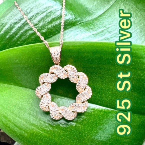 NWT 925 STERLING SILVER &amp; CZ ROSE GOLD PAVED WREATH DIAMONDS NECKLACE